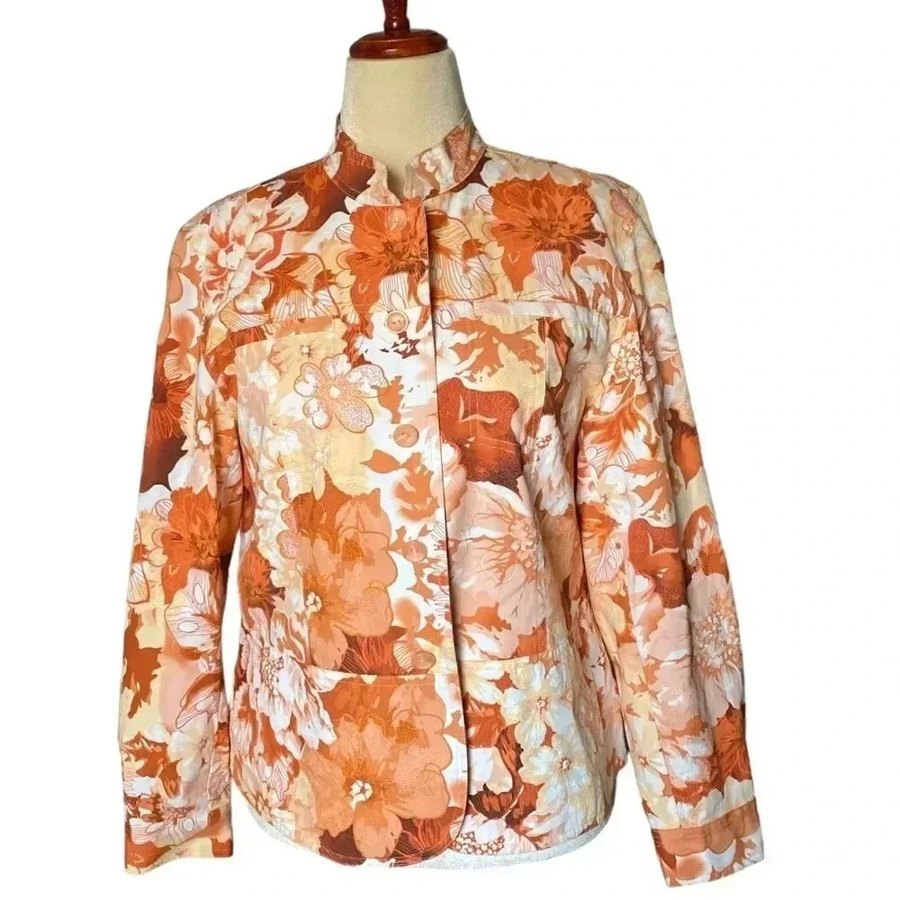 COLDWATER CREEK | Ivory Allover Floral Print Cotton Denim Jacquard Jacket Size L